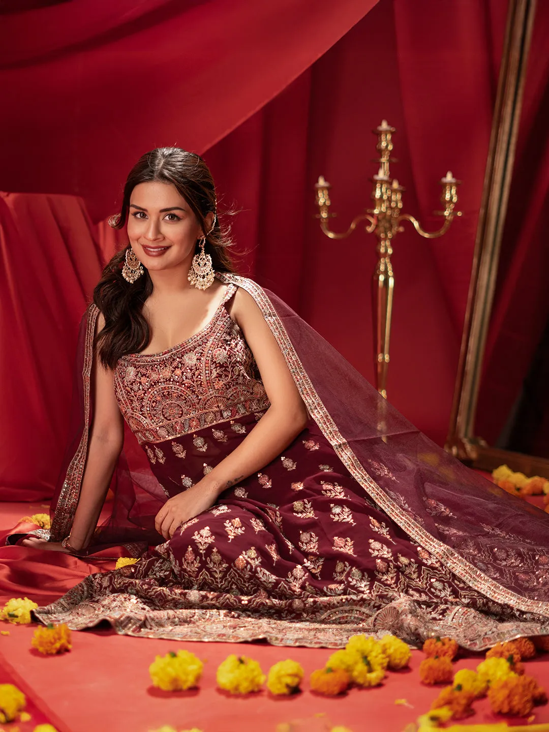 Mehreen Art Wine Embroidered Georgette A-Line Kurta With Palazzos & Dupatta