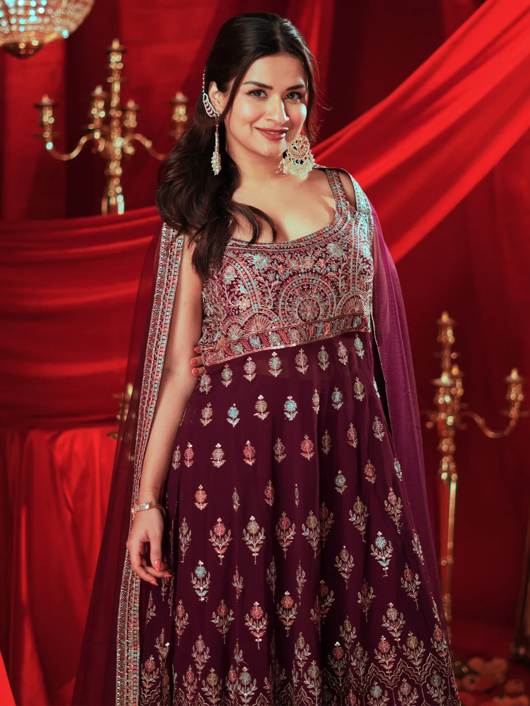 Mehreen Art Wine Embroidered Georgette A-Line Kurta With Palazzos & Dupatta