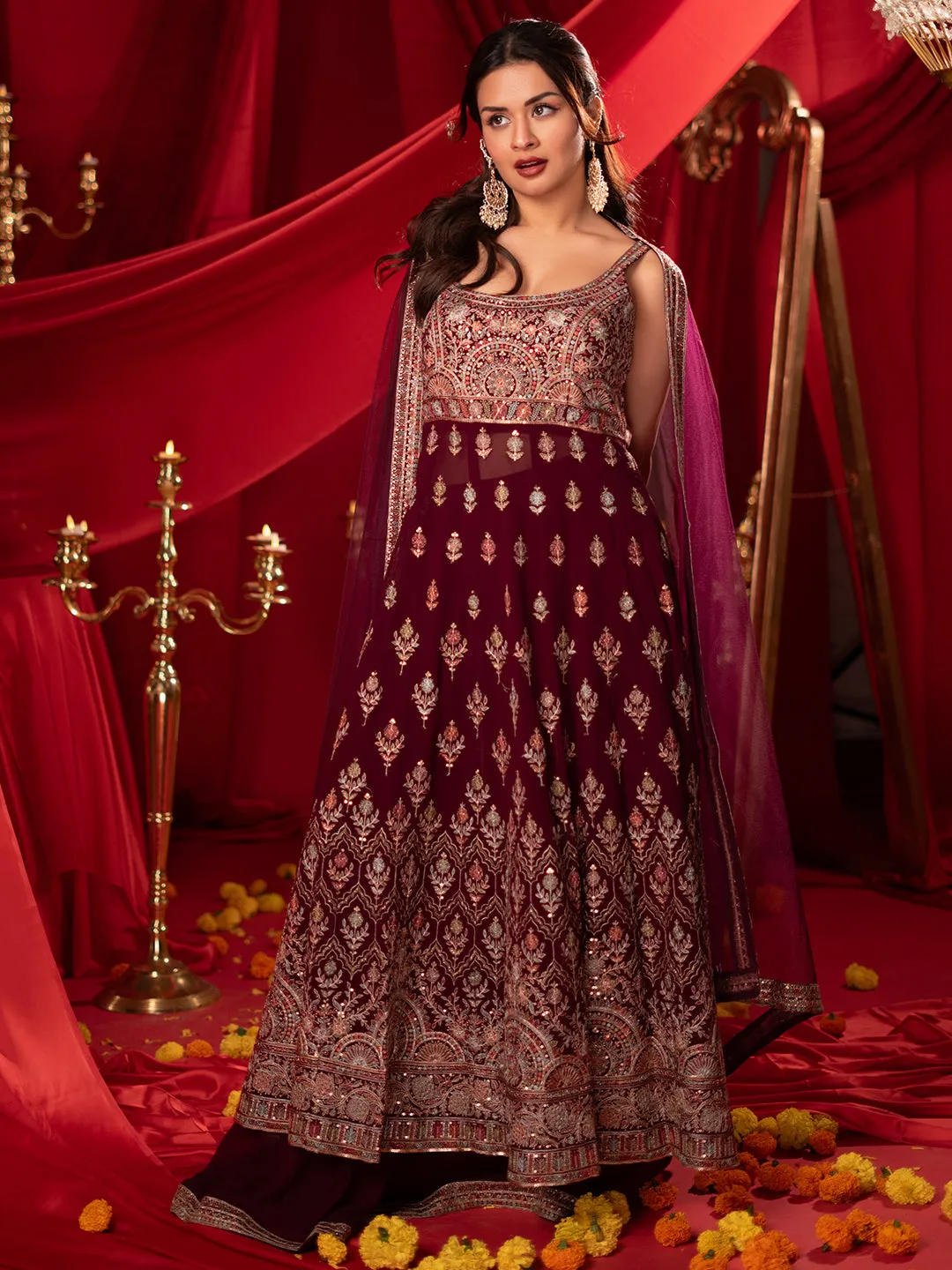 Mehreen Art Wine Embroidered Georgette A-Line Kurta With Palazzos & Dupatta