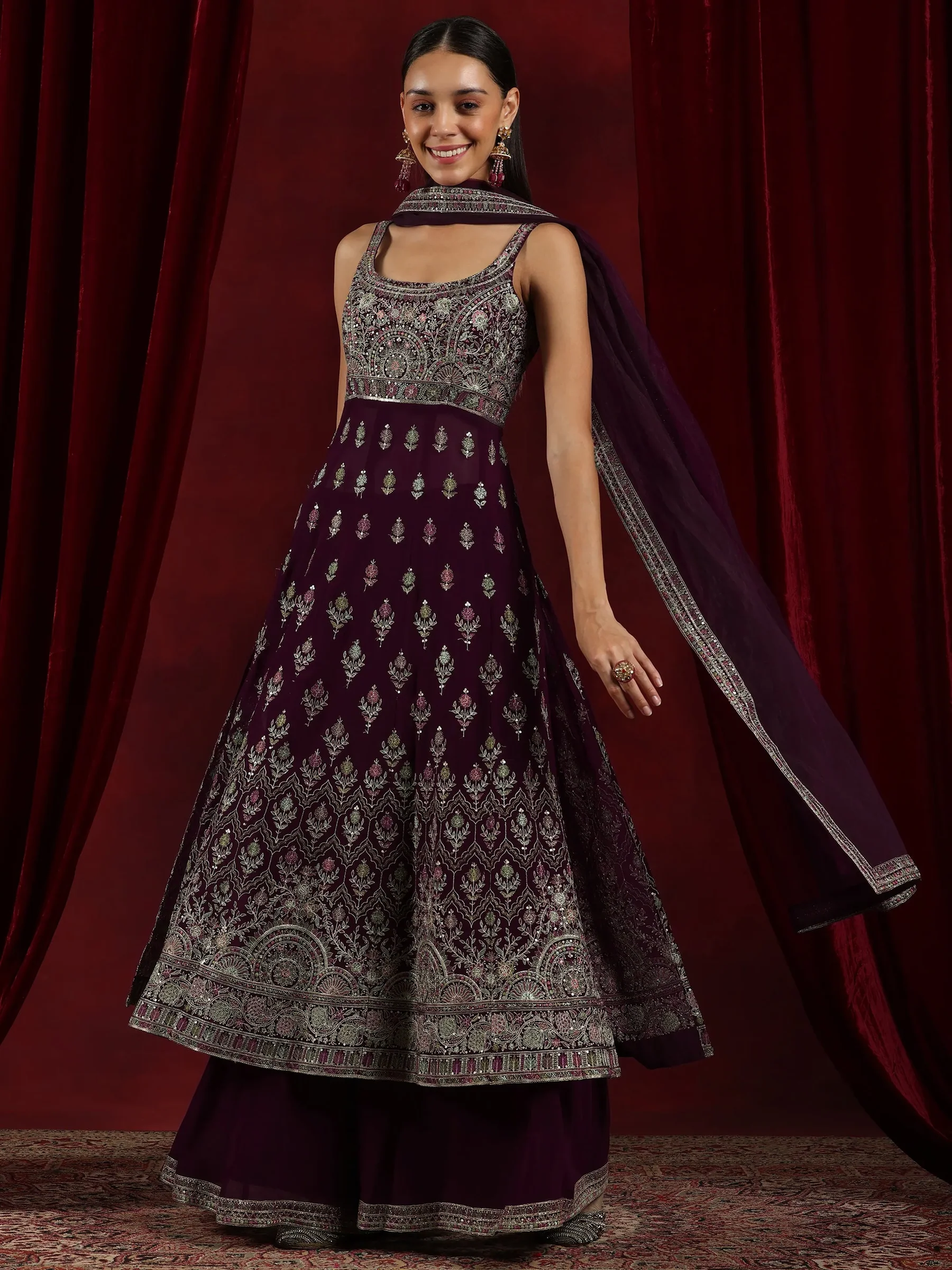 Mehreen Art Wine Embroidered Georgette A-Line Kurta With Palazzos & Dupatta
