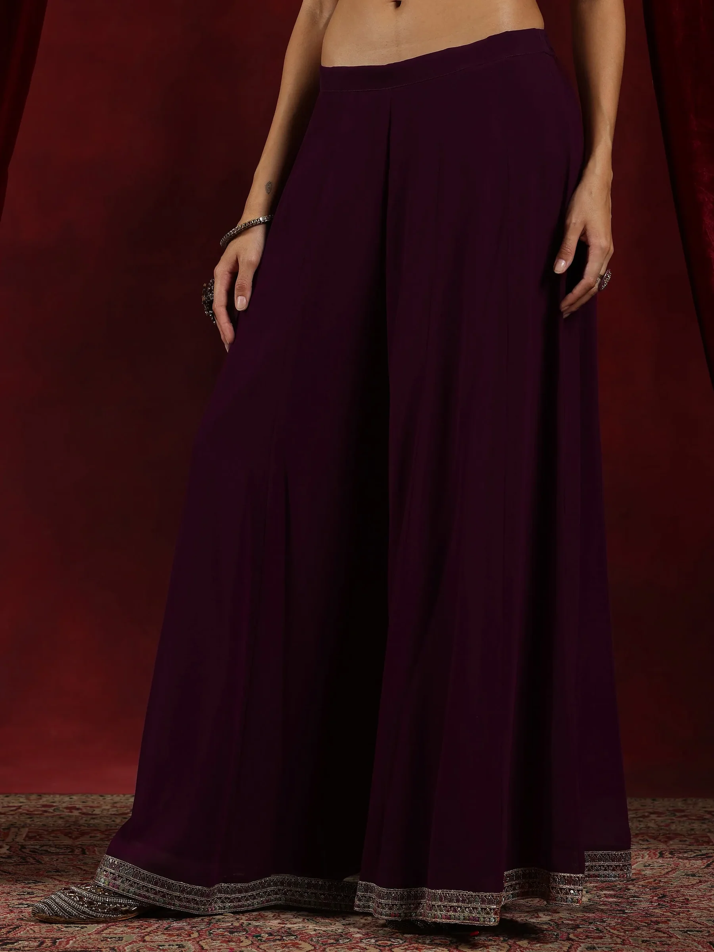 Mehreen Art Wine Embroidered Georgette A-Line Kurta With Palazzos & Dupatta