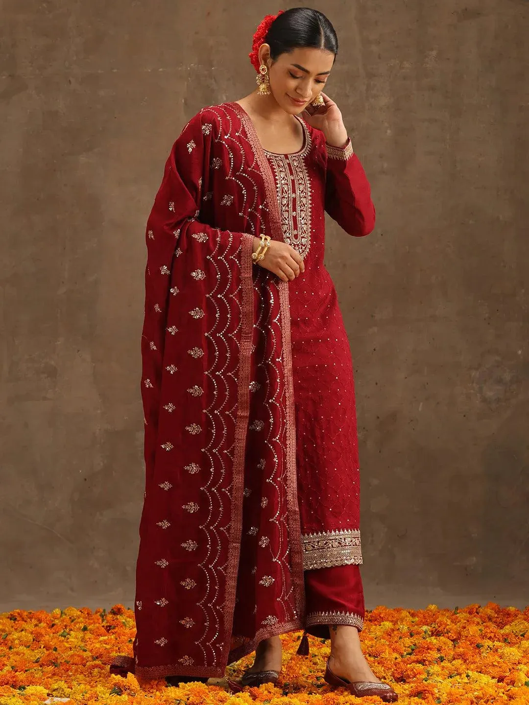 Blend Straight Kurta and Anarkali Suit With Trousers & Dupatta (PACK OF 2)
