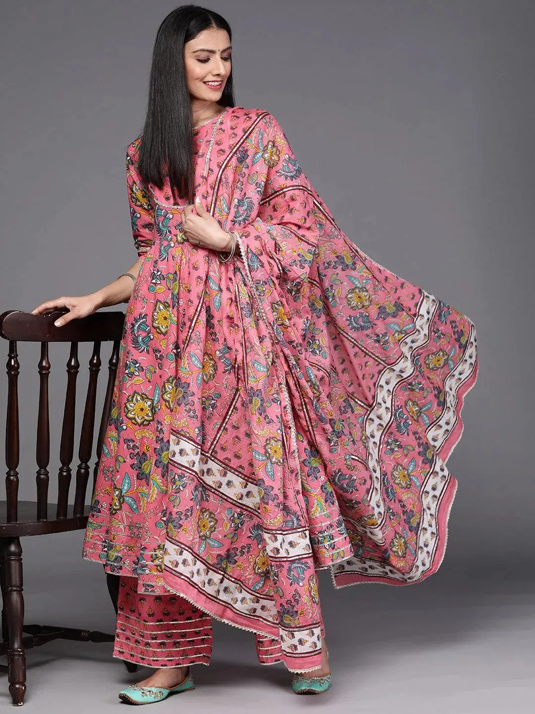 Printed Cotton Anarkali Kurta and Straight Kurta With Palazzos & Dupatta (PACK OF 2)