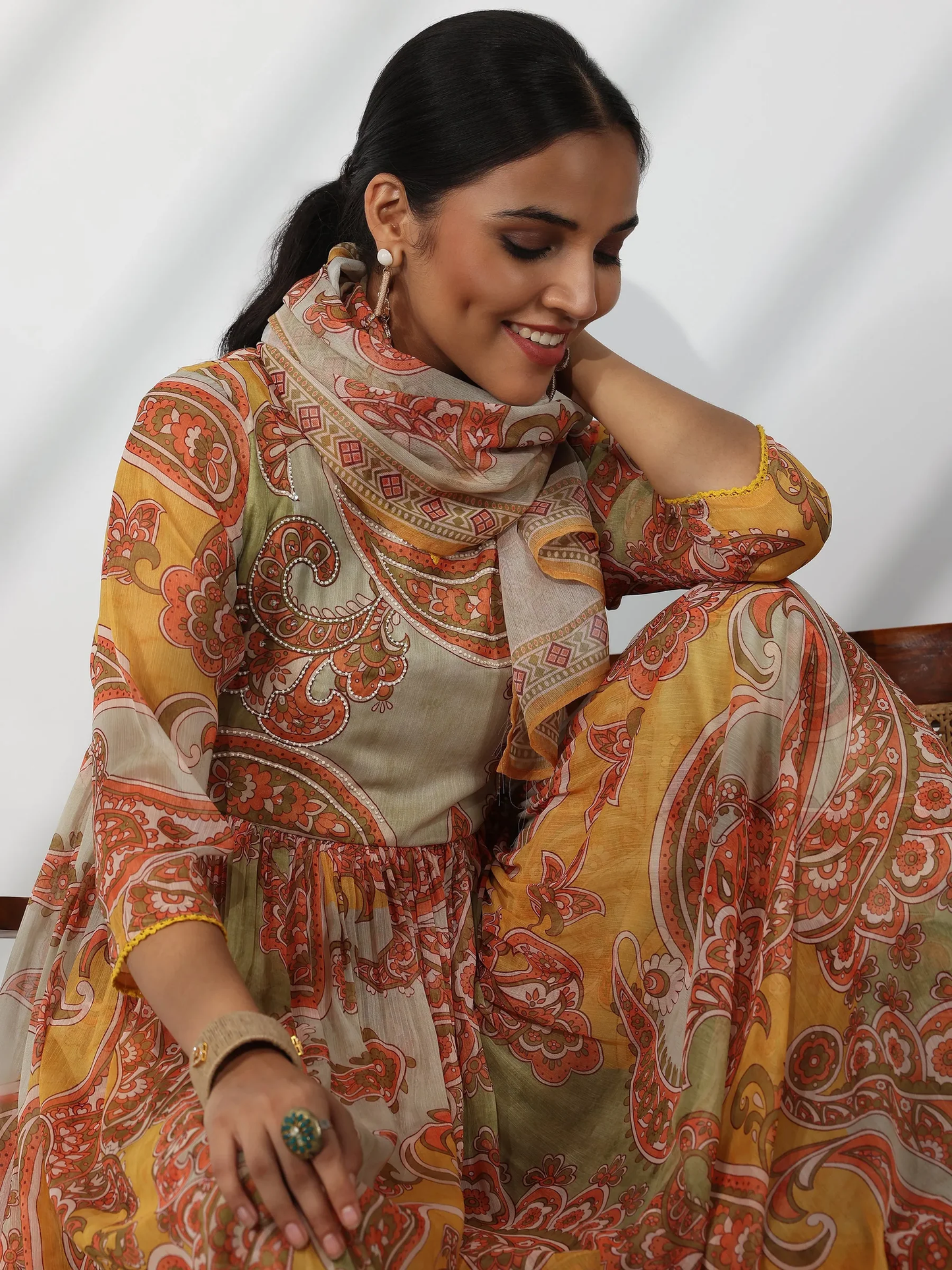 Printed Silk Blend A-Line Kurta With Palazzos & Dupatta (PACK OF 2)