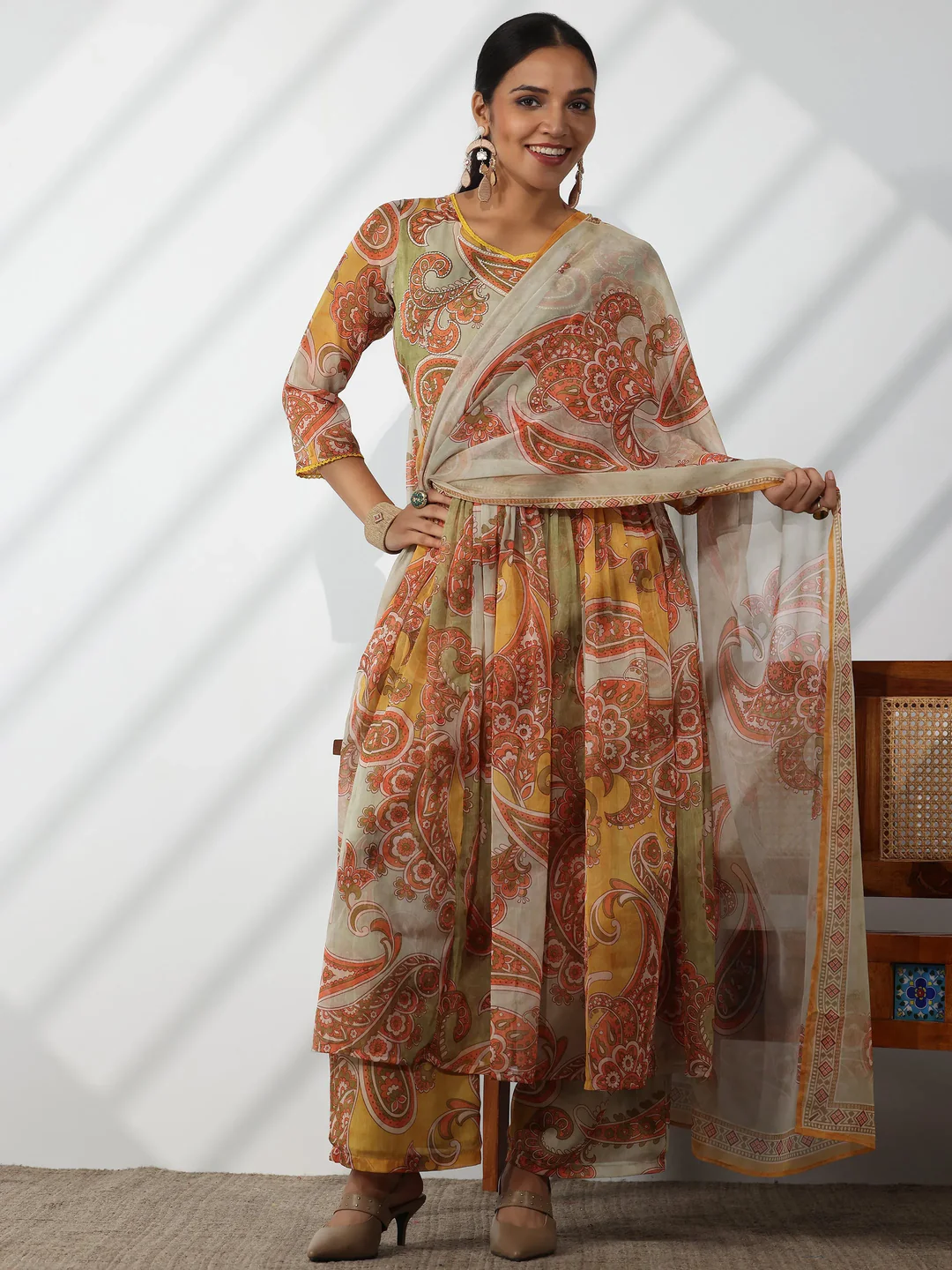 Printed Silk Blend A-Line Kurta With Palazzos & Dupatta (PACK OF 2)