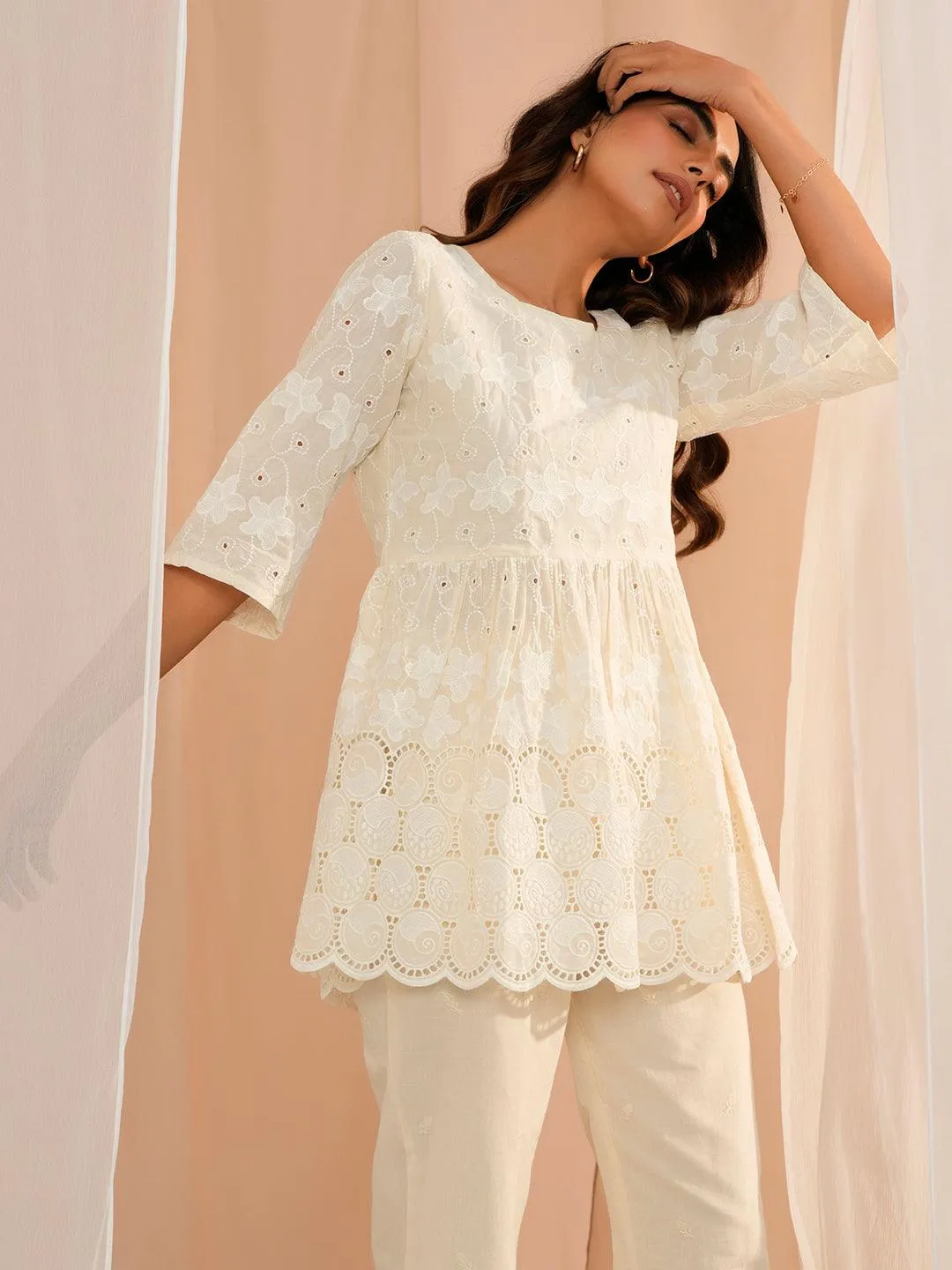 Zoya Off White Embroidered Cotton A-Line Kurti