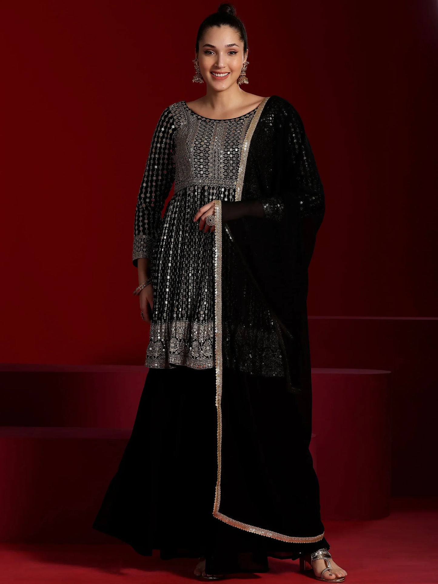New Art Black Embroidered Georgette A-Line Kurta With Palazzos & Dupatta