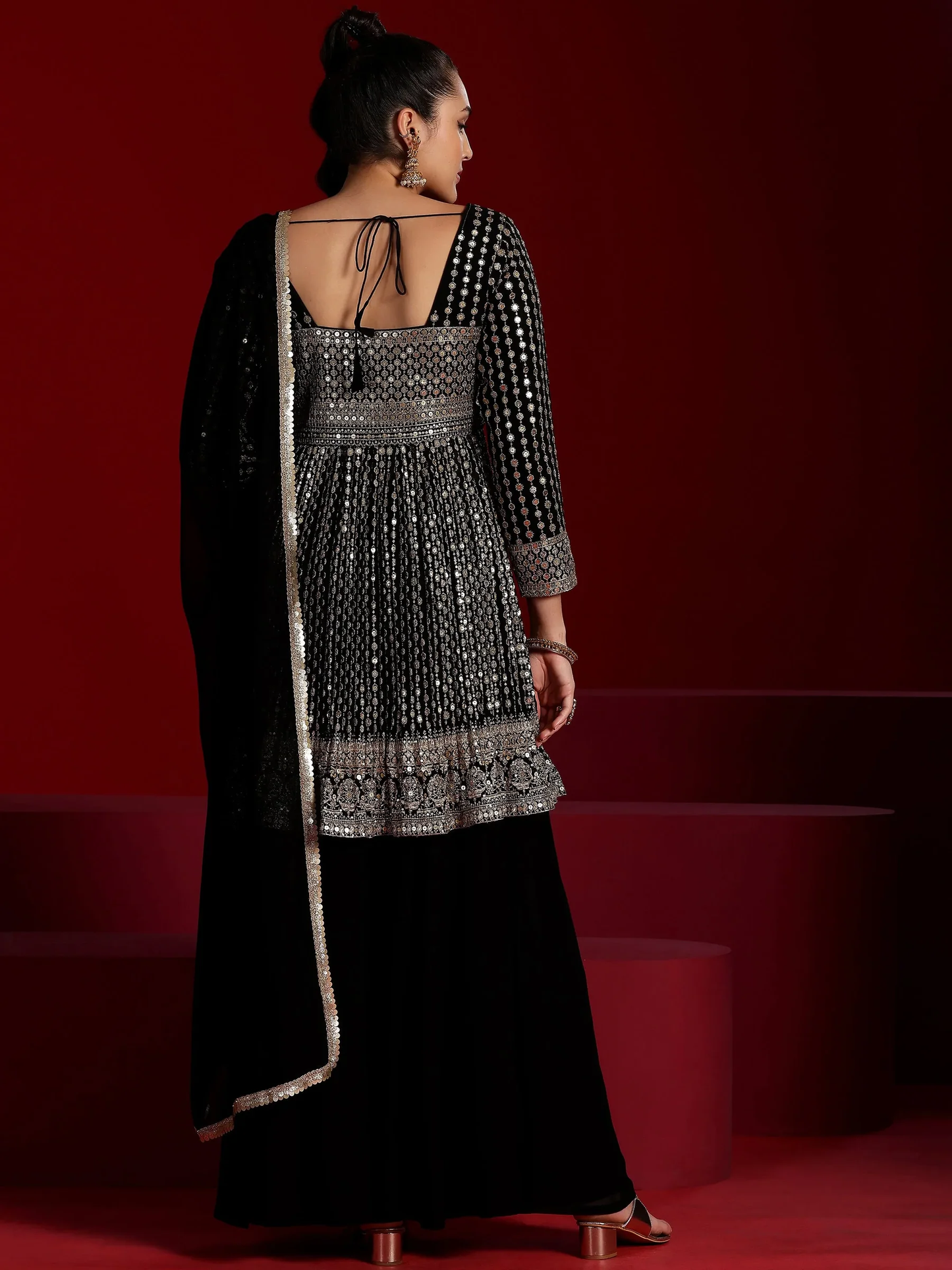 New Art Black Embroidered Georgette A-Line Kurta With Palazzos & Dupatta