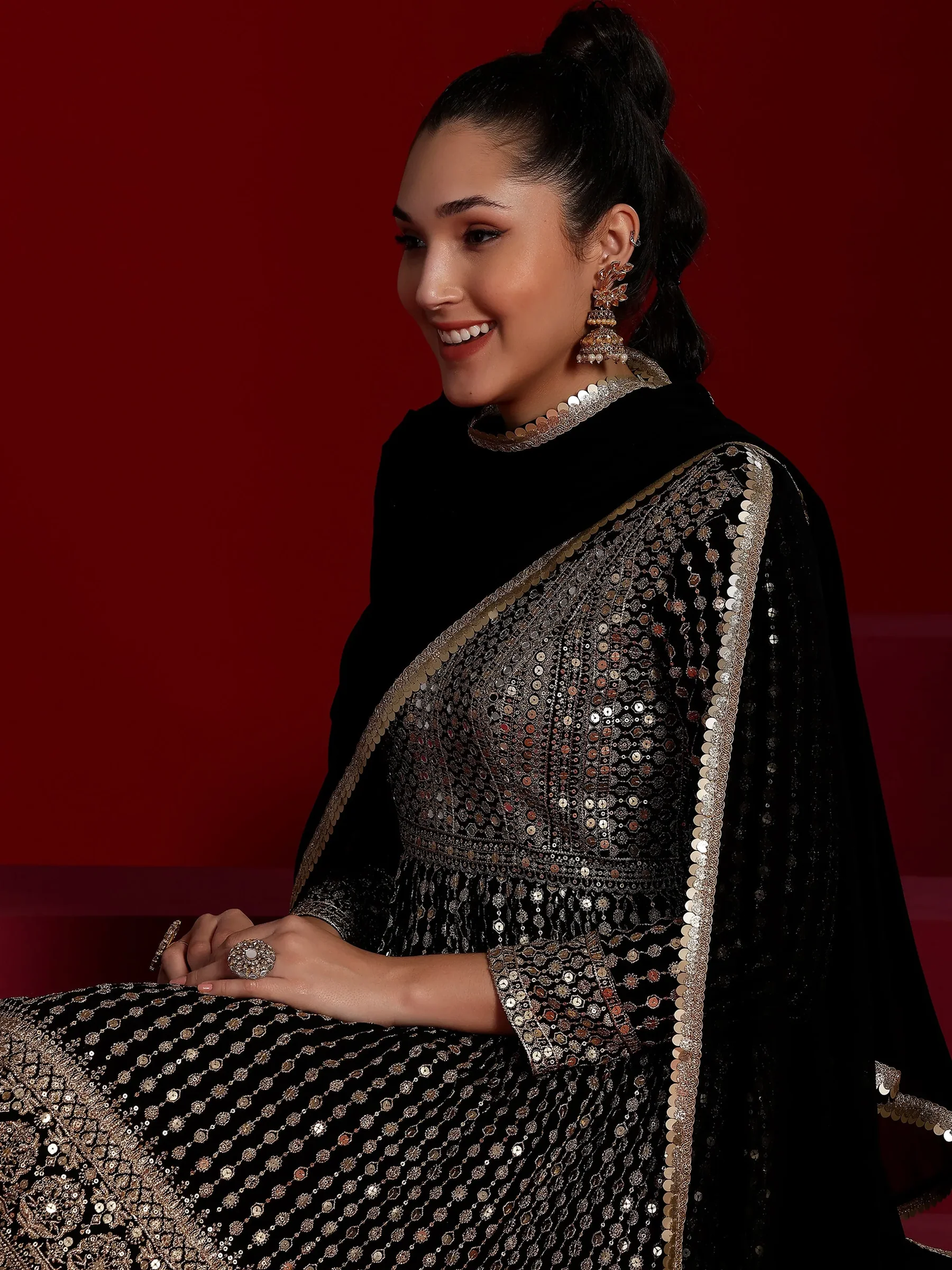 New Art Black Embroidered Georgette A-Line Kurta With Palazzos & Dupatta