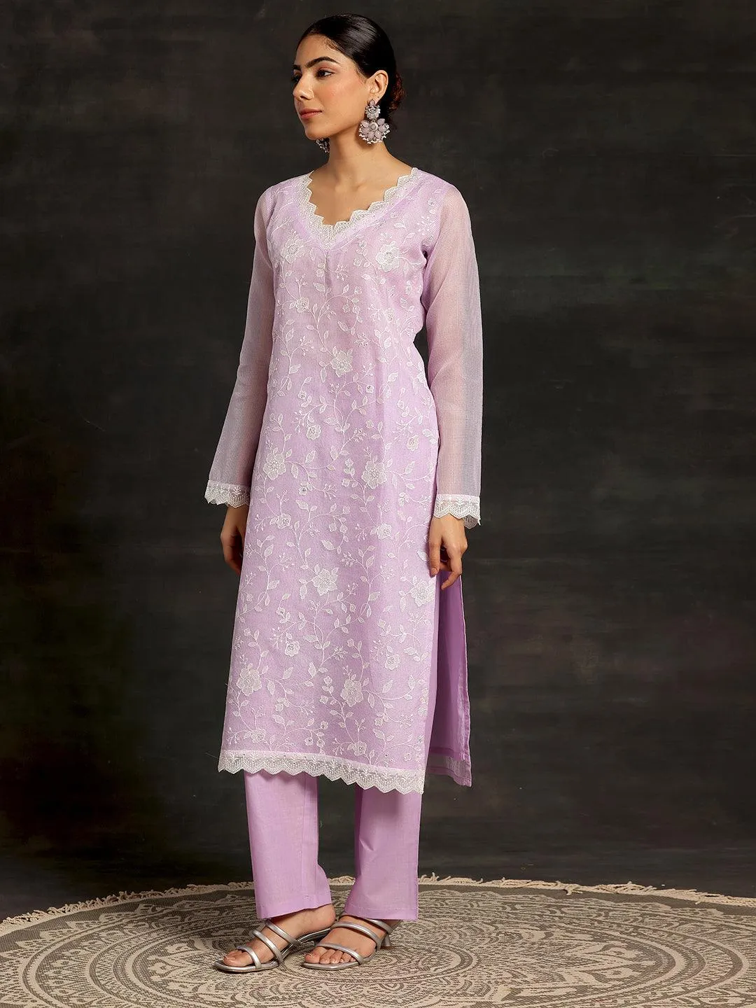 Lavender Embroidered Cotton Pakistani Suit