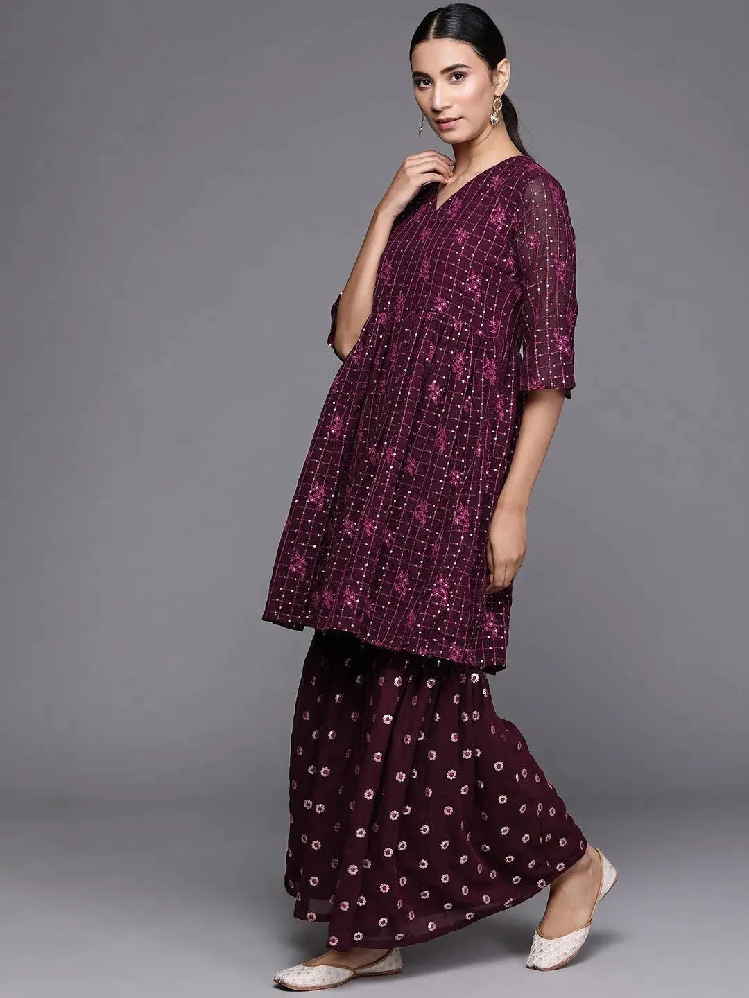 Embroidered Georgette Straight Sharara Suit Set With Dupatta (Pack Of 2)
