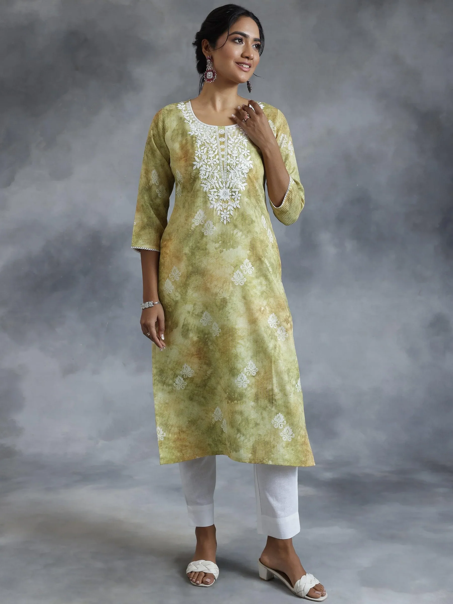 Green Printed Cotton Straight Kurta