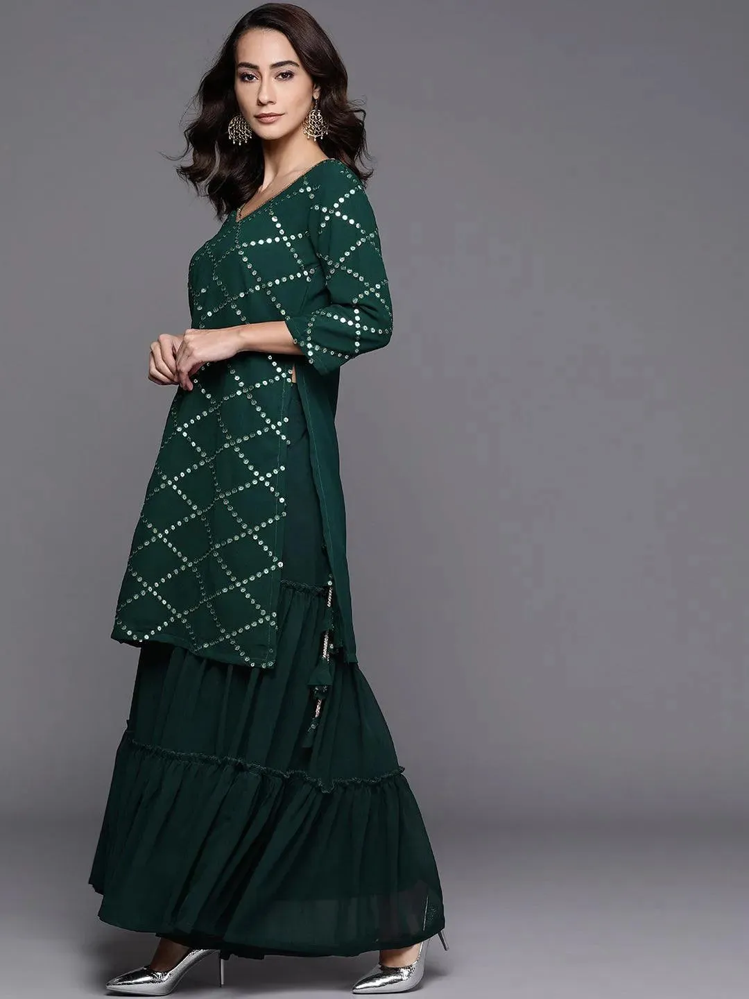 Embroidered Georgette Straight Sharara Suit Set With Dupatta (Pack Of 2)