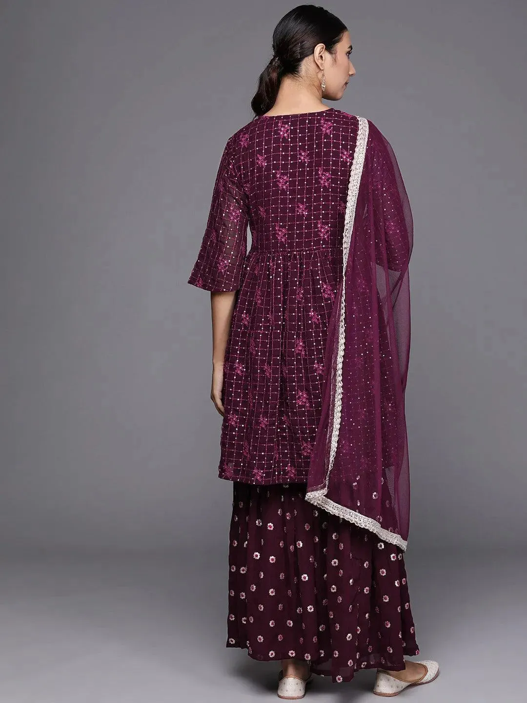 Embroidered Georgette Straight Sharara Suit Set With Dupatta (Pack Of 2)