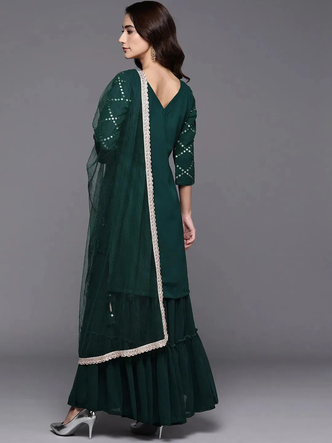 Embroidered Georgette Straight Sharara Suit Set With Dupatta (Pack Of 2)
