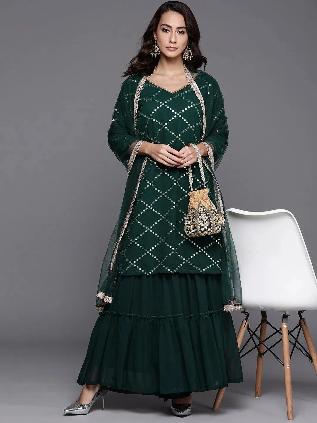Embroidered Georgette Straight Sharara Suit Set With Dupatta (Pack Of 2)