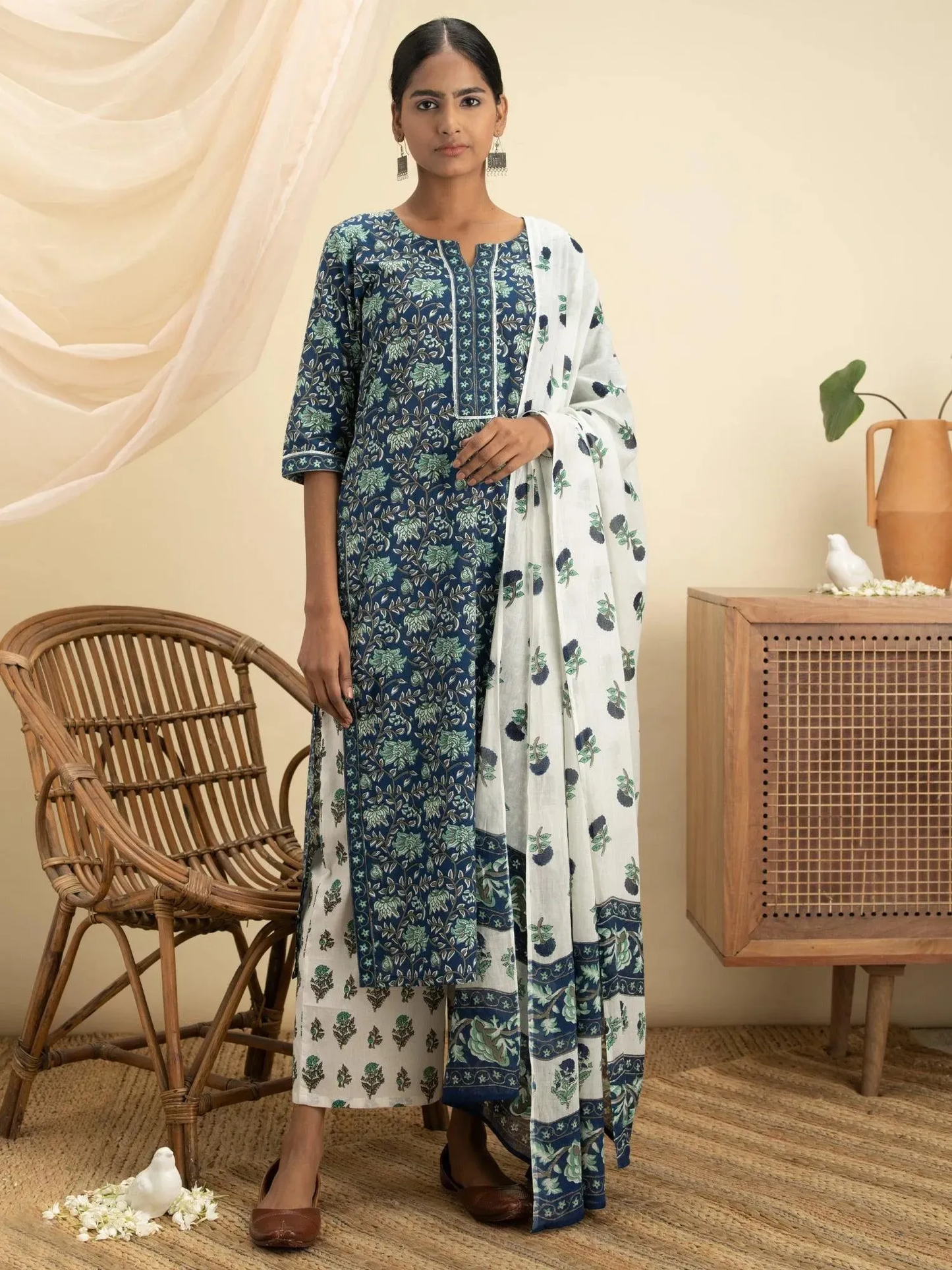 Printed Cotton Straight Kurta With Trousers (Pack Of 2)