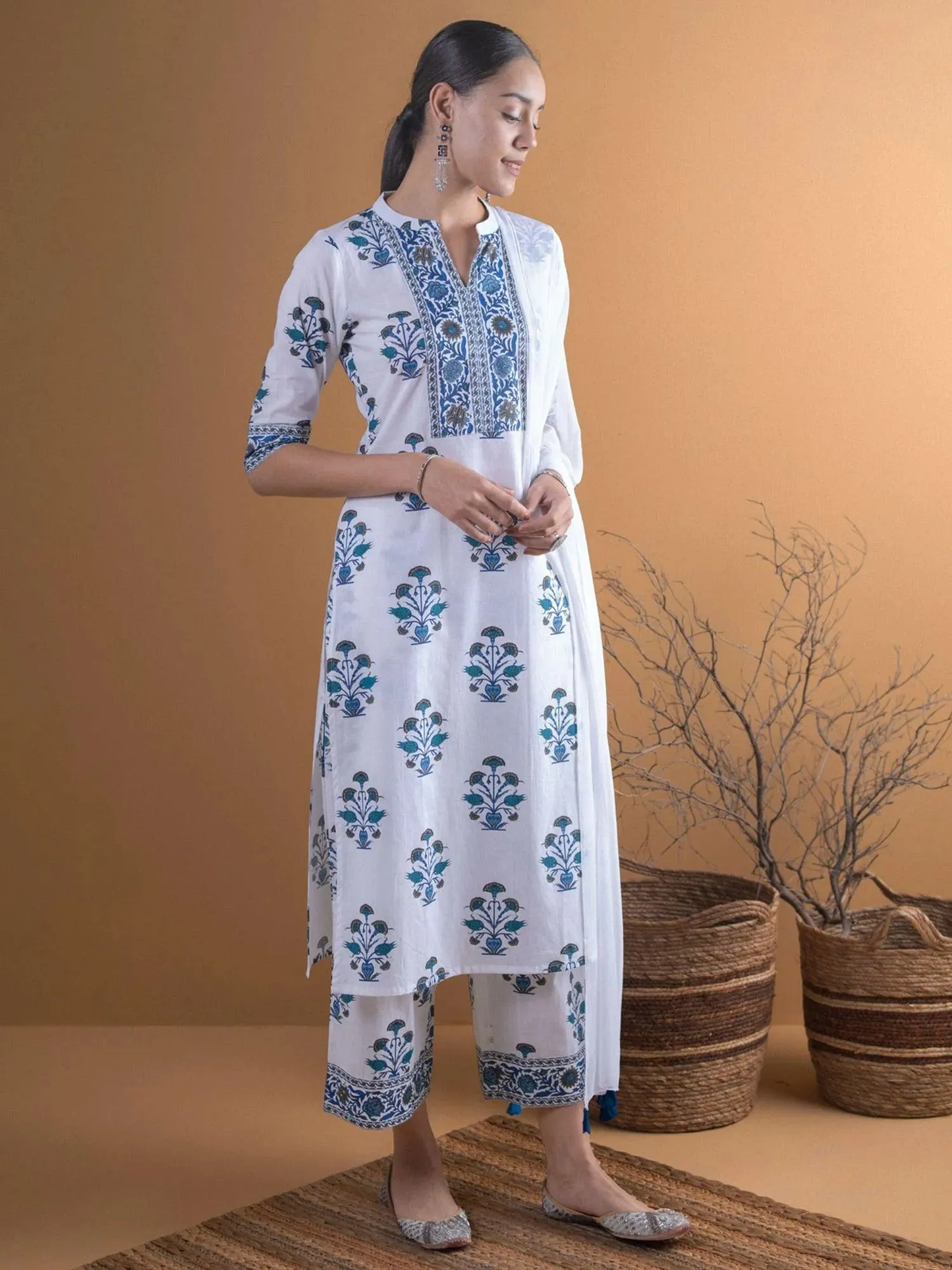 Printed Cotton Straight Kurta With Trousers (Pack Of 2)