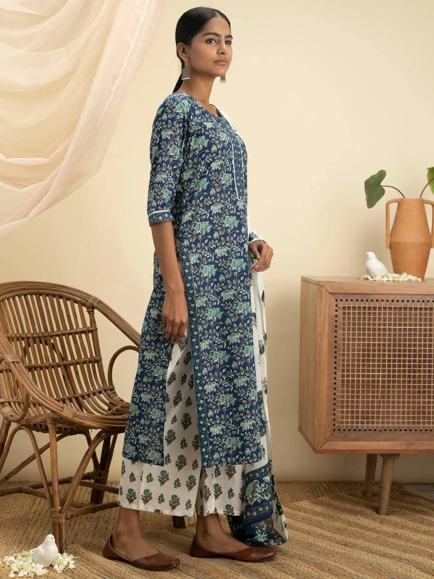 Printed Cotton Straight Kurta With Trousers (Pack Of 2)