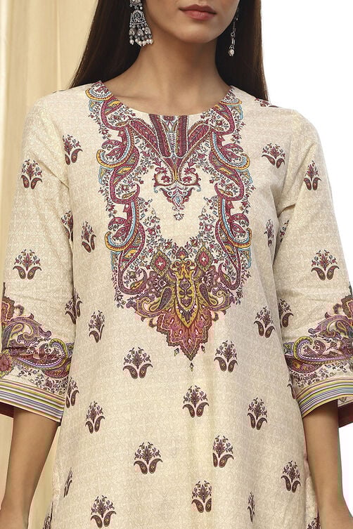 BEIGE PURE COTTON PRINTED STRAIGHT SUIT SET