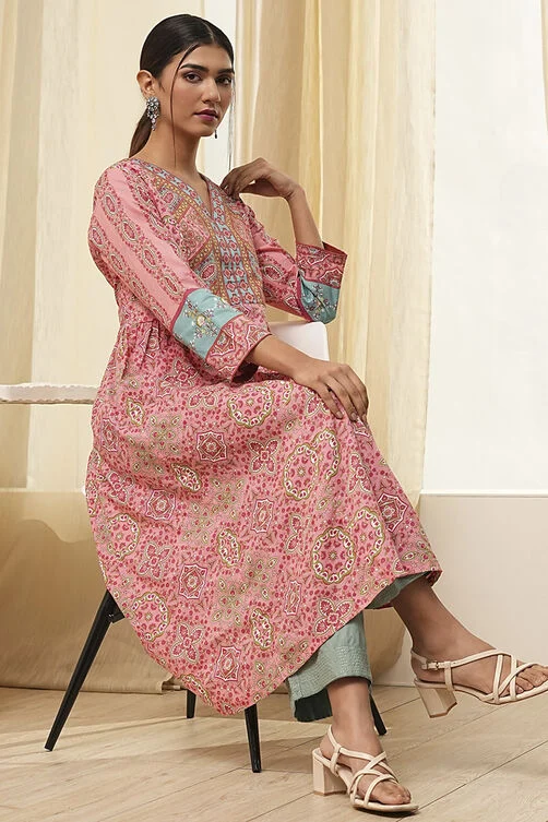 PINK PURE COTTON PRINTED A-LINE KURTA
