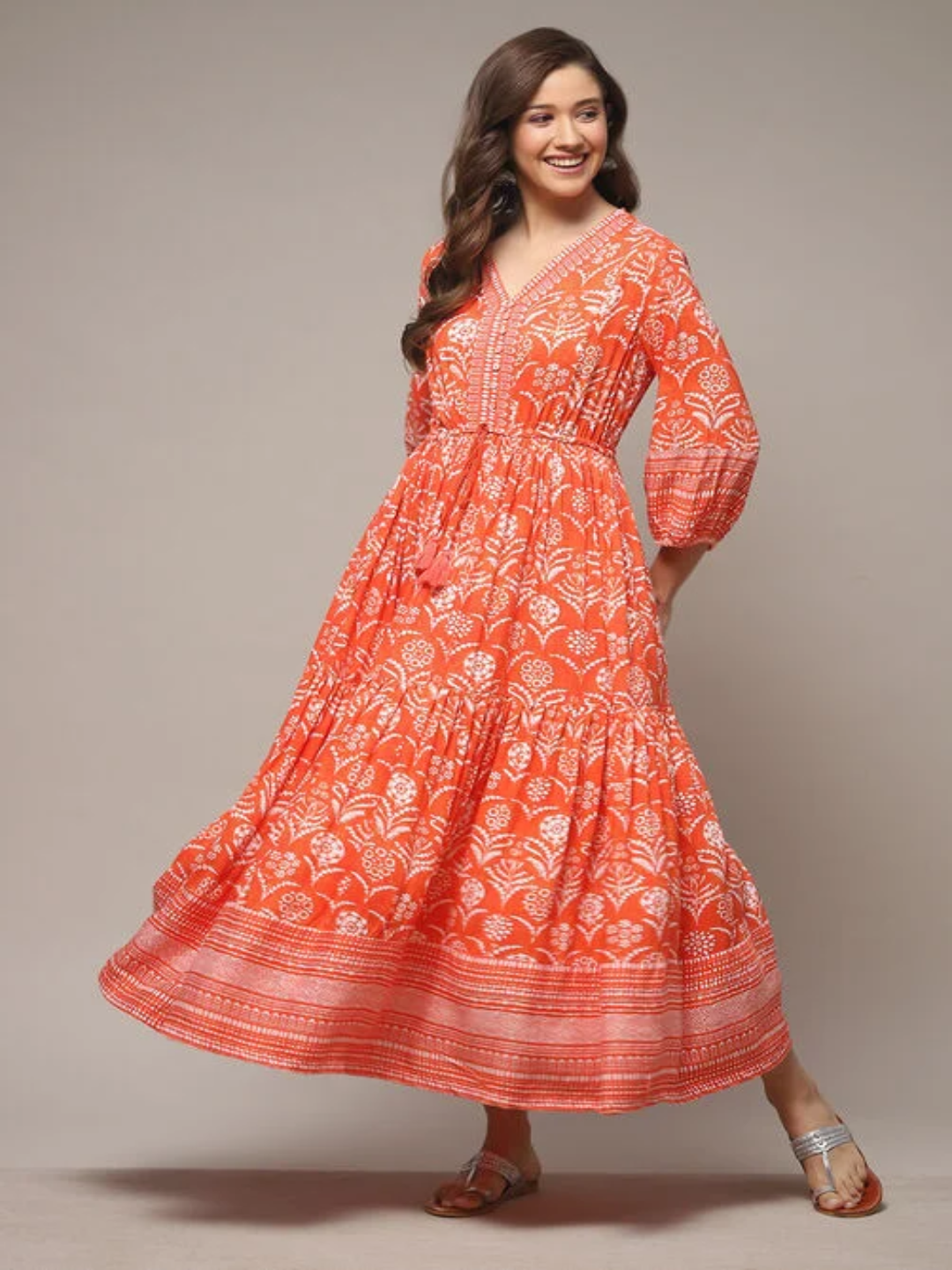 ORANGE RAYON TIERED DRESS