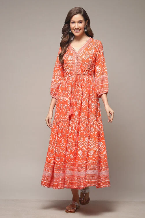 ORANGE RAYON TIERED DRESS