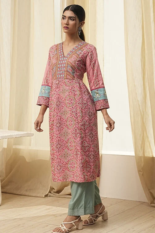 PINK PURE COTTON PRINTED A-LINE KURTA