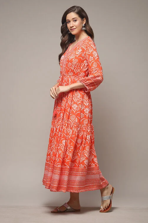 ORANGE RAYON TIERED DRESS
