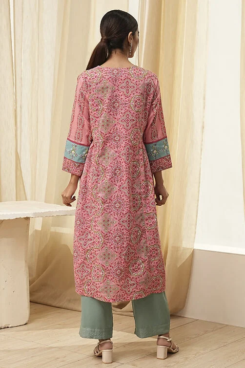 PINK PURE COTTON PRINTED A-LINE KURTA