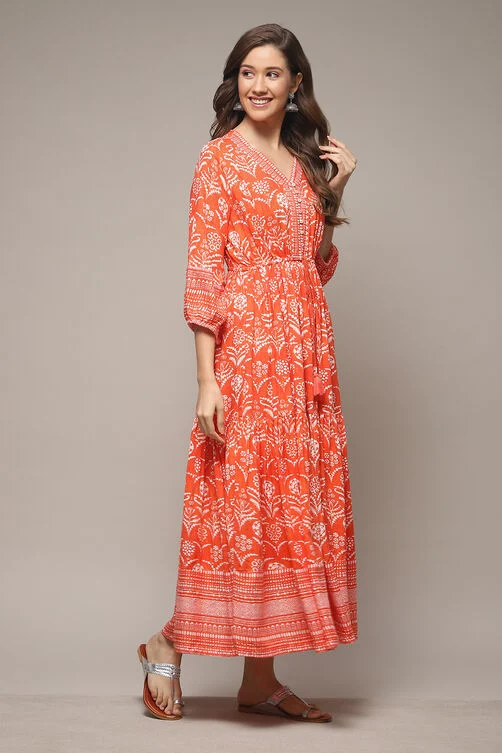 ORANGE RAYON TIERED DRESS