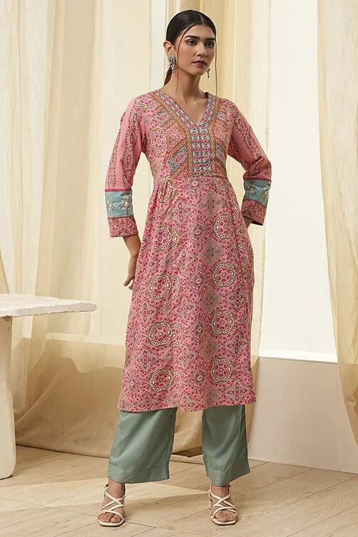 PINK PURE COTTON PRINTED A-LINE KURTA