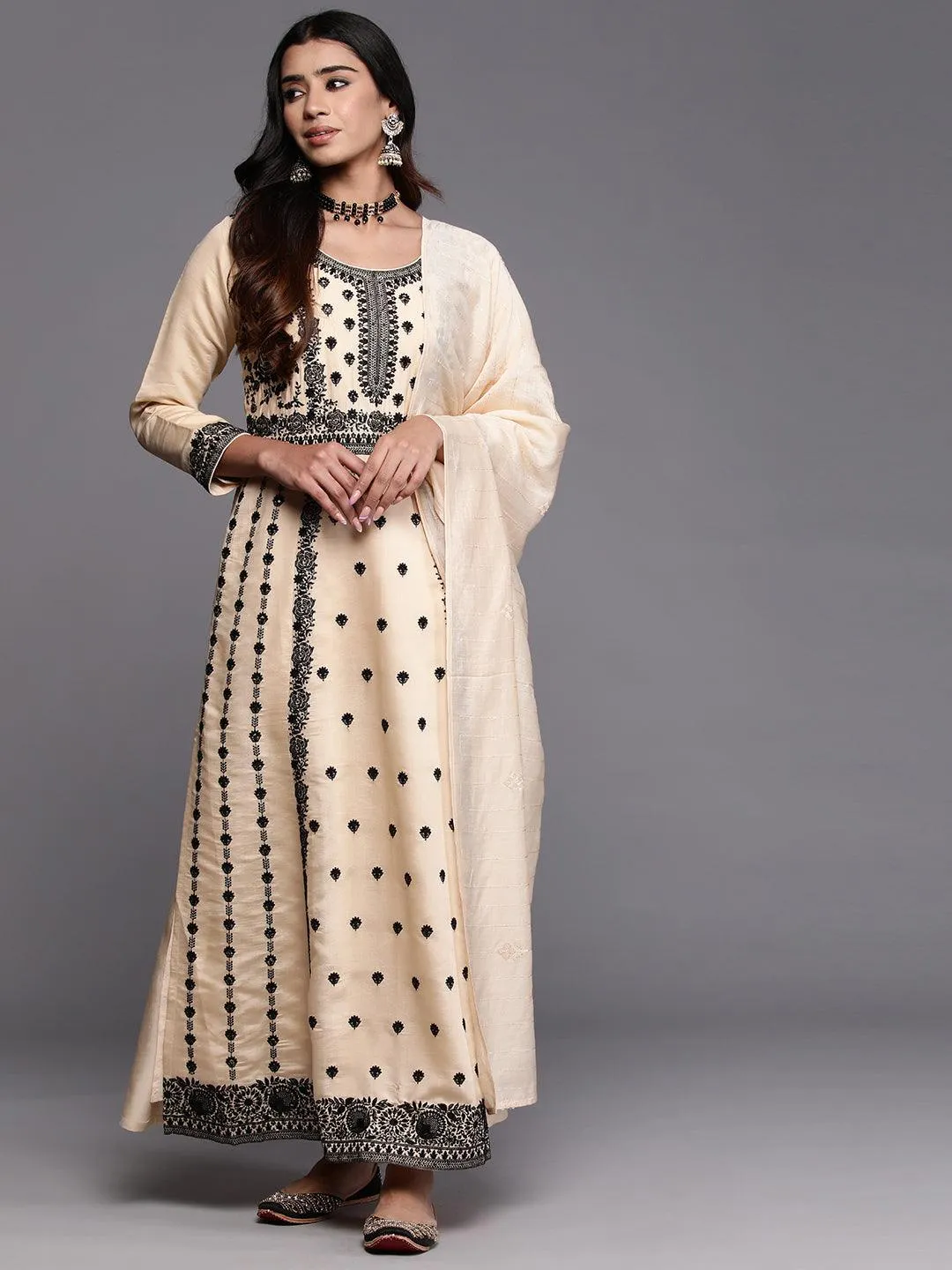 New Art Cream Embroidered Silk Blend A-Line Kurta With Trousers & Dupatta