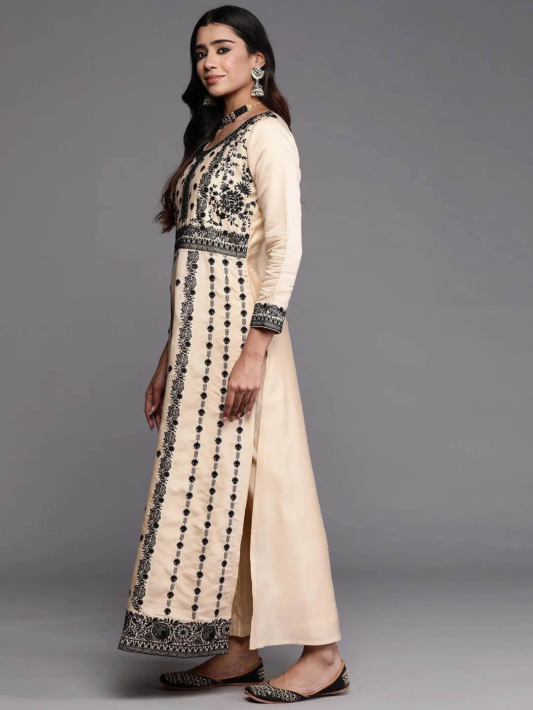 New Art Cream Embroidered Silk Blend A-Line Kurta With Trousers & Dupatta