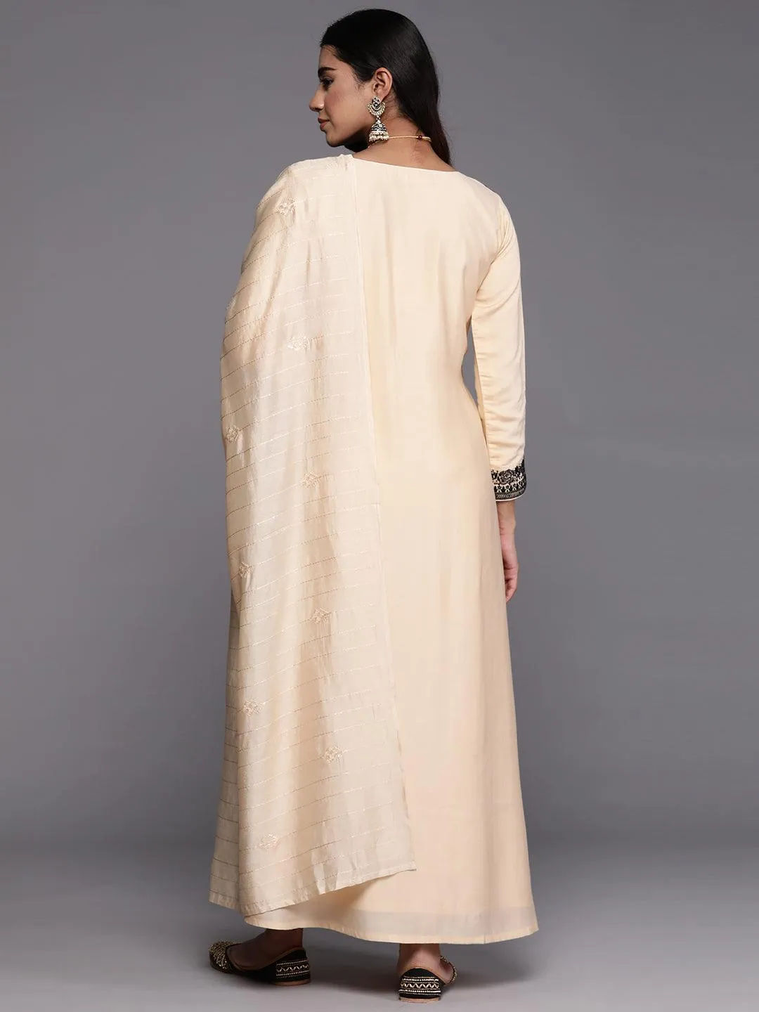 New Art Cream Embroidered Silk Blend A-Line Kurta With Trousers & Dupatta