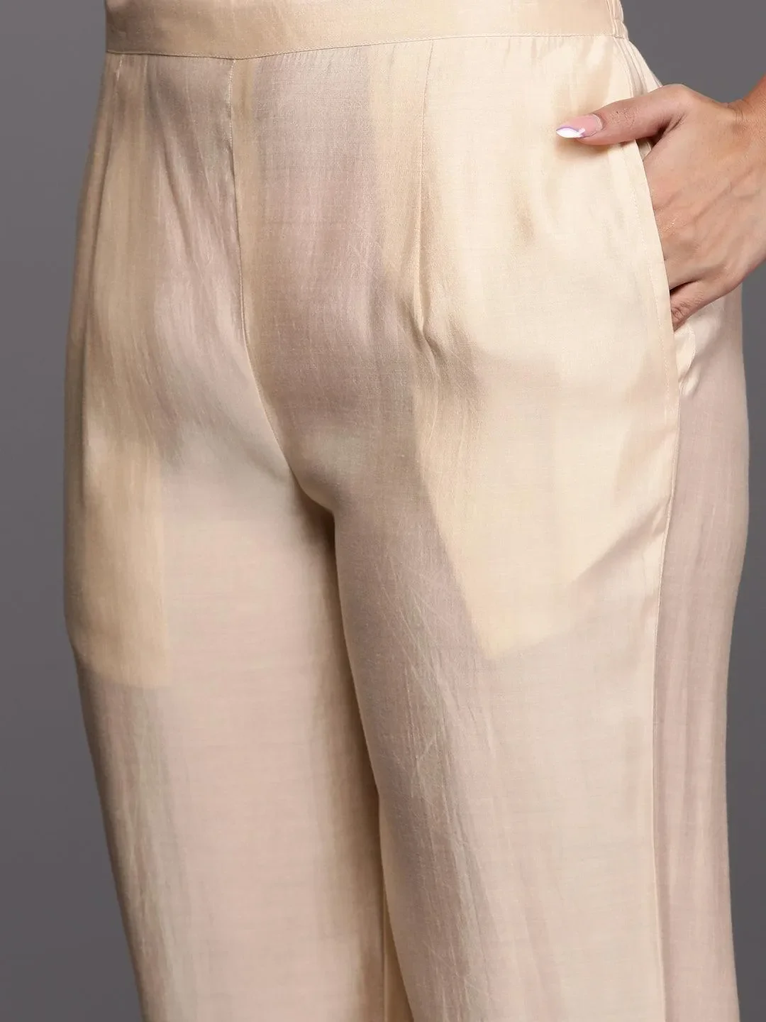 New Art Cream Embroidered Silk Blend A-Line Kurta With Trousers & Dupatta