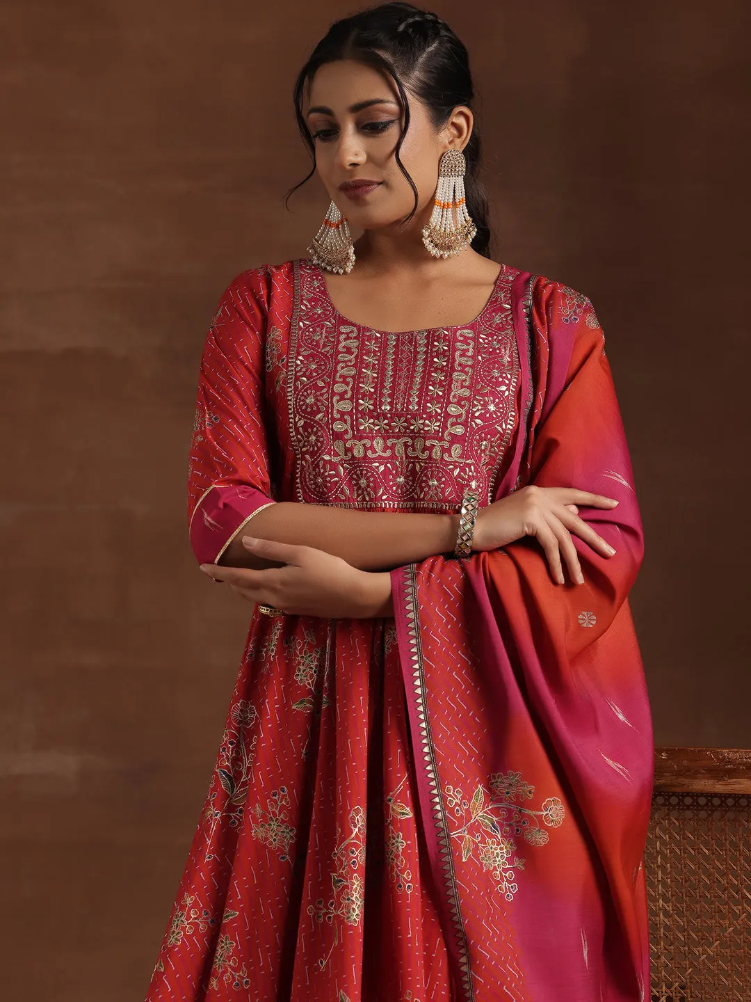 Printed Silk Blend Anarkali Suit With Dupatta (PACK OF 2)