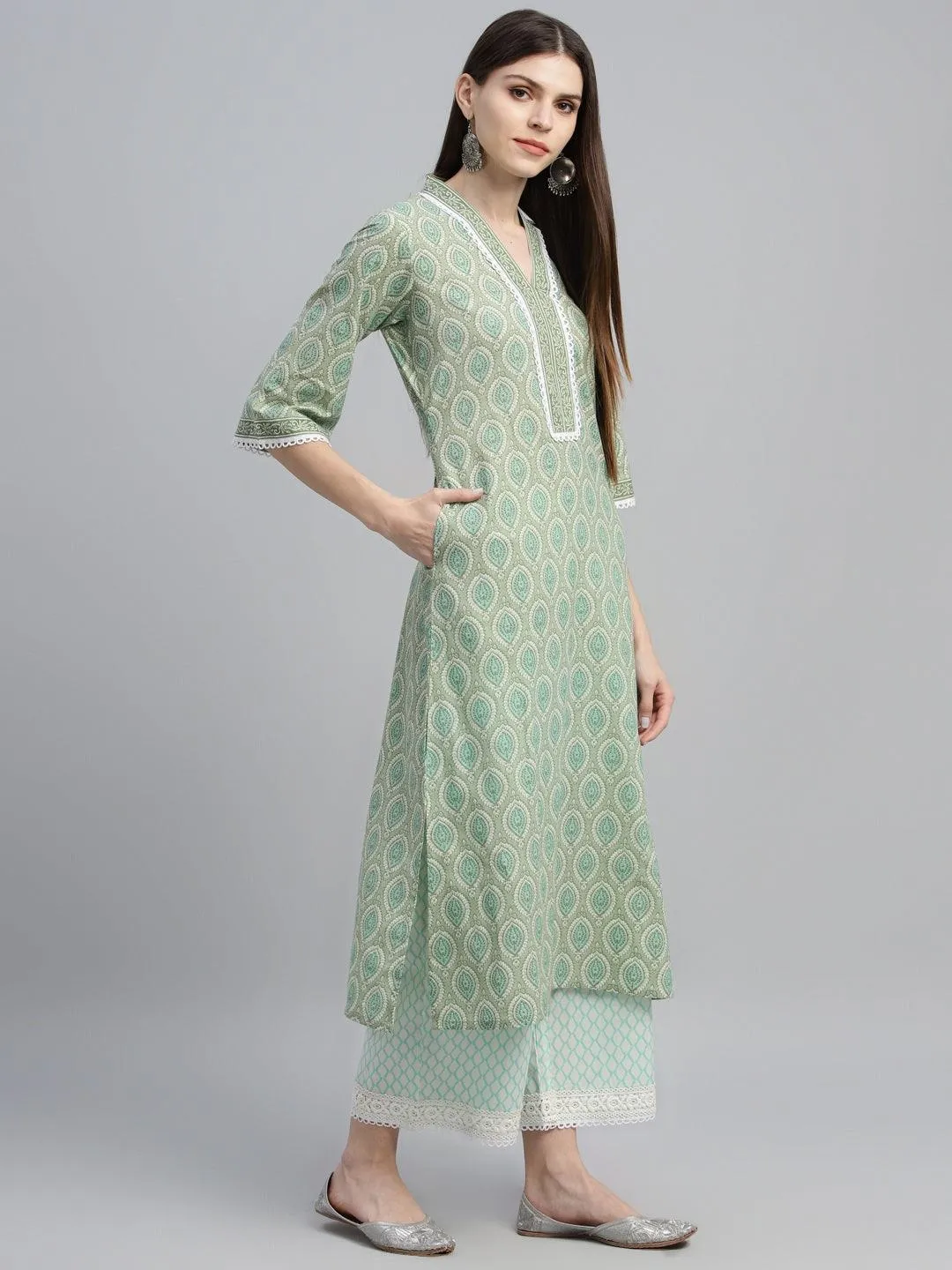 Printed Cotton Straight Kurta With Palazzos & Dupatta (PACK OF 2)