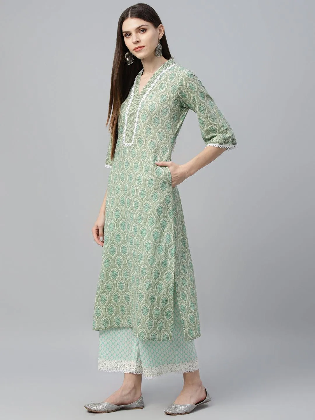 Printed Cotton Straight Kurta With Palazzos & Dupatta (PACK OF 2)