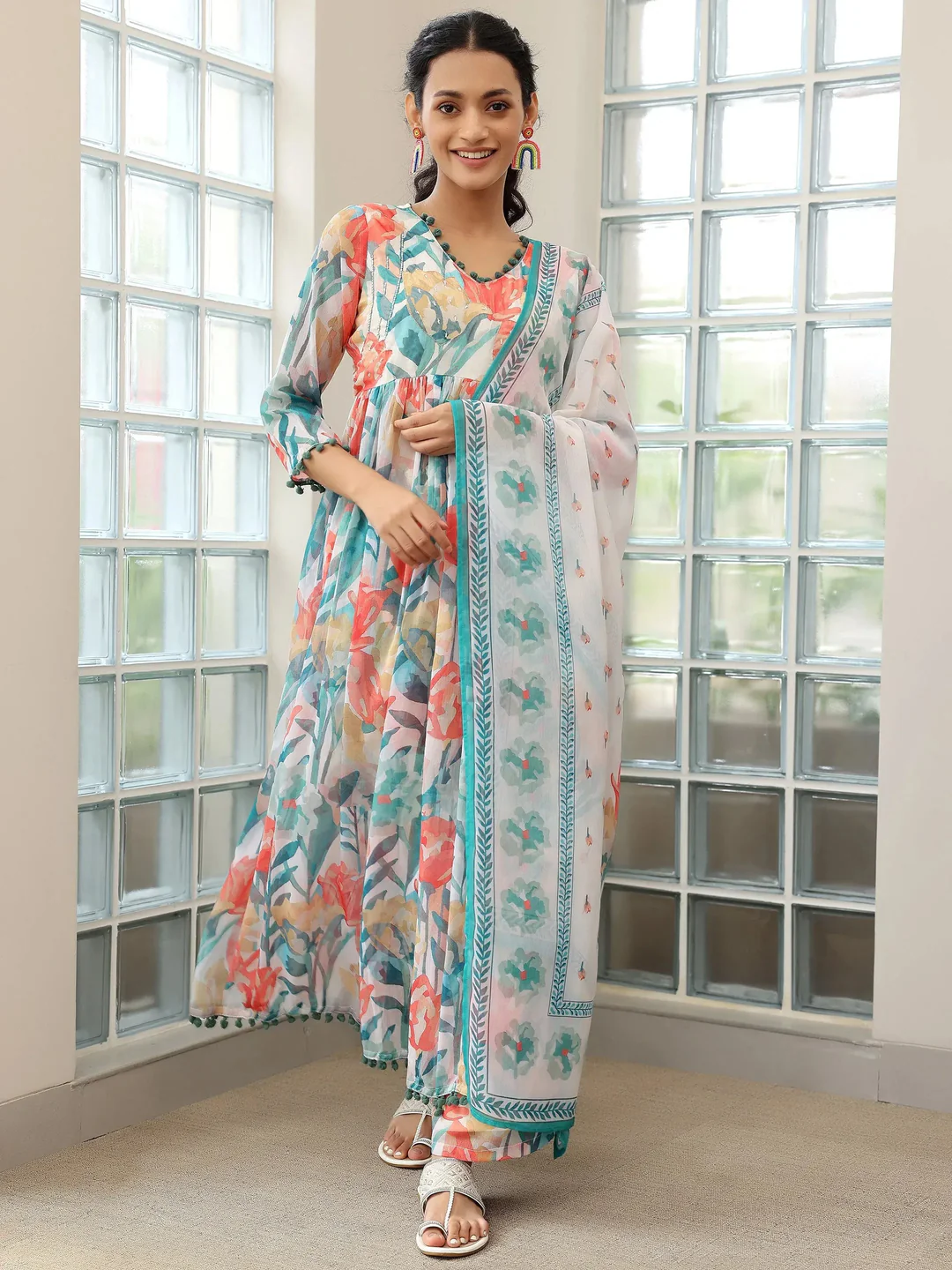 Printed Poly Chiffon A-Line Kurta With Palazzos & Dupatta (PACK OF 2)
