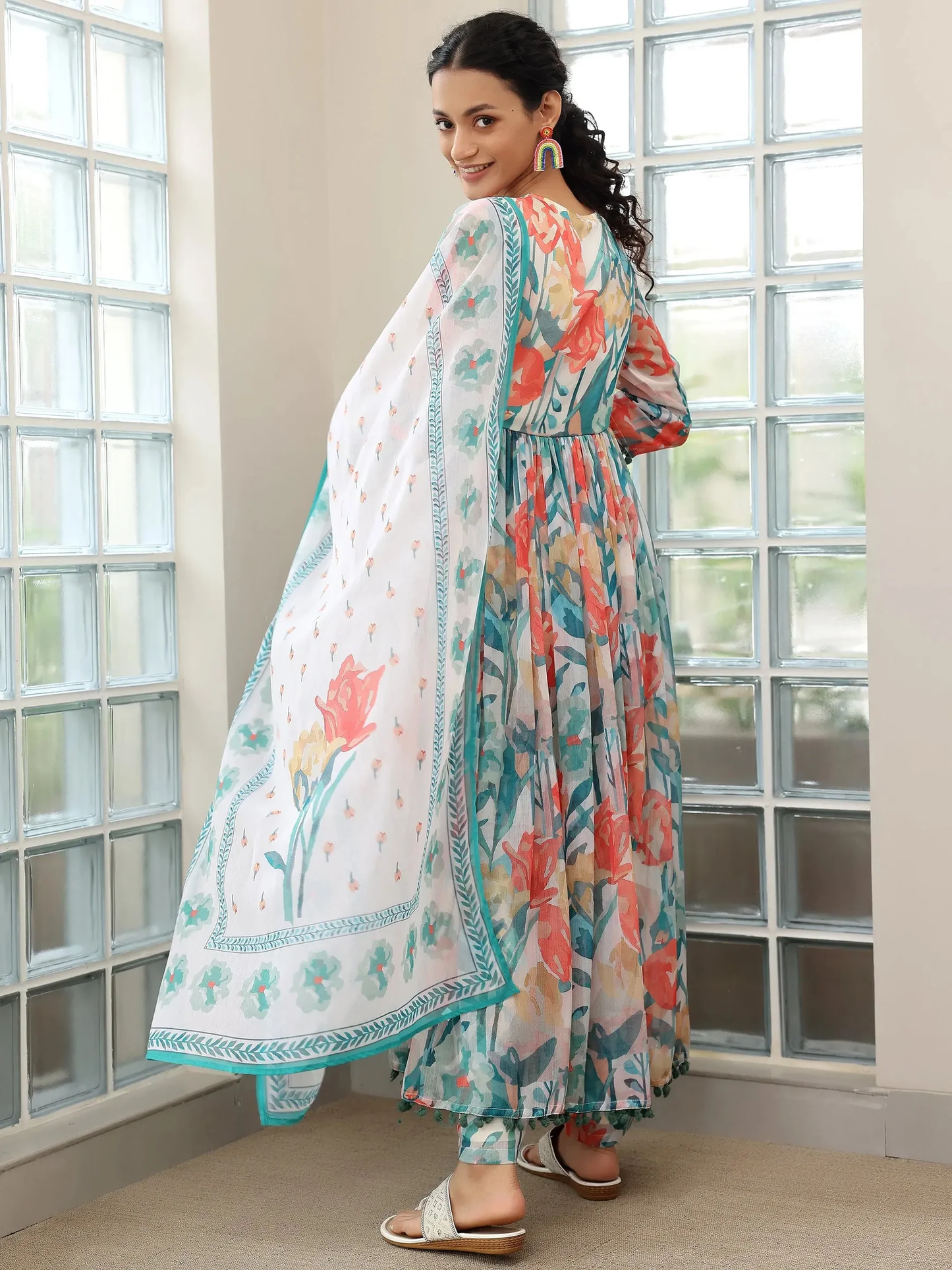 Printed Poly Chiffon A-Line Kurta With Palazzos & Dupatta (PACK OF 2)