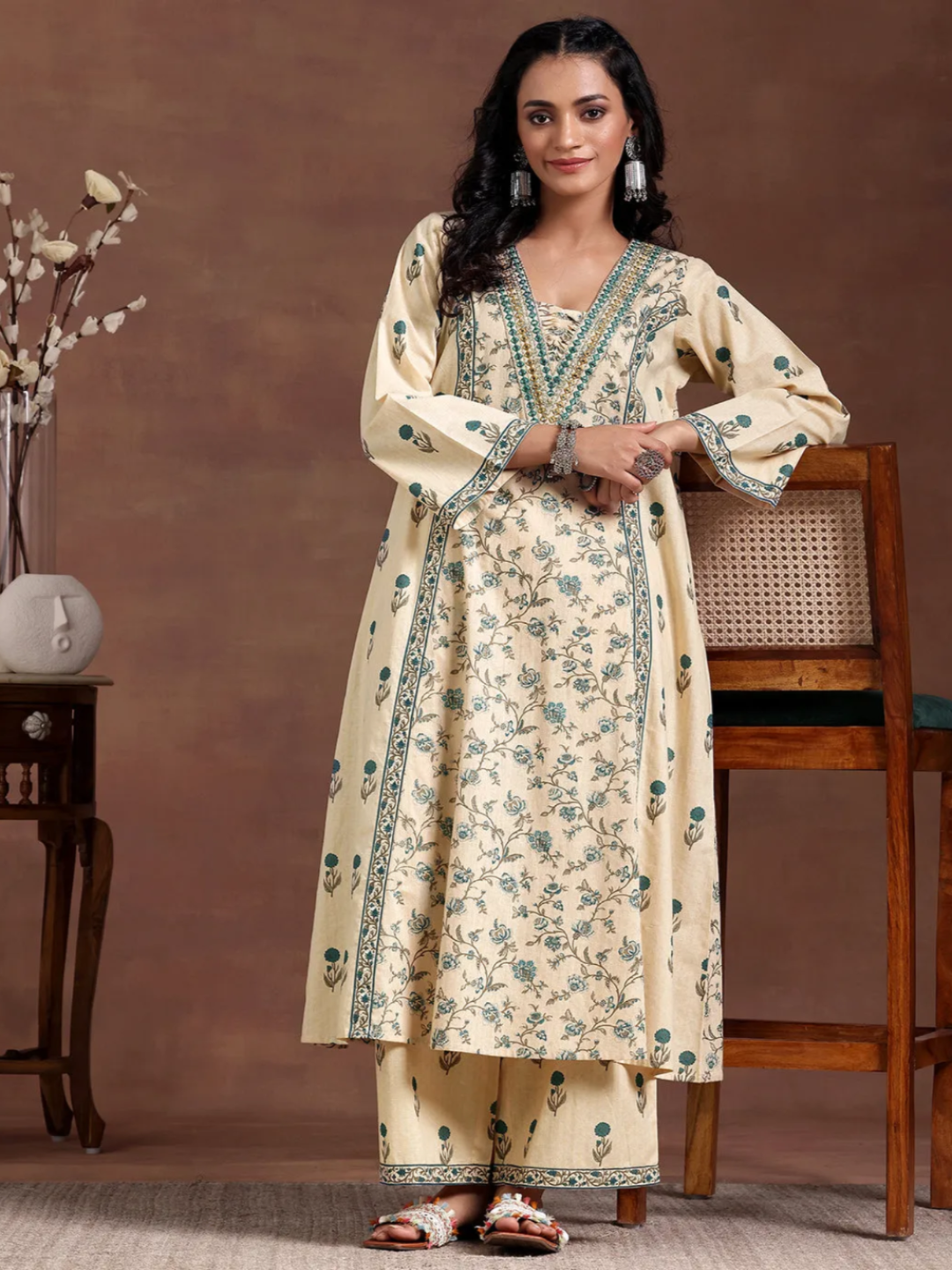 Beige Printed Cotton A-Line Kurta With Palazzos