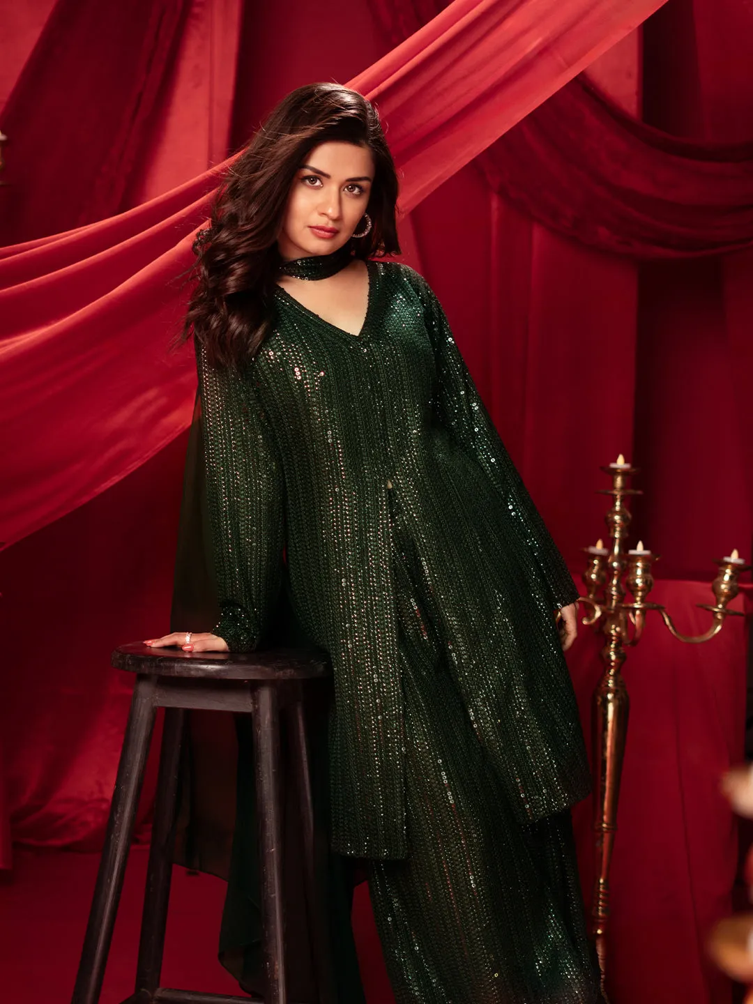 New Art Olive Embroidered Georgette A-Line Kurta With Palazzos & Dupatta