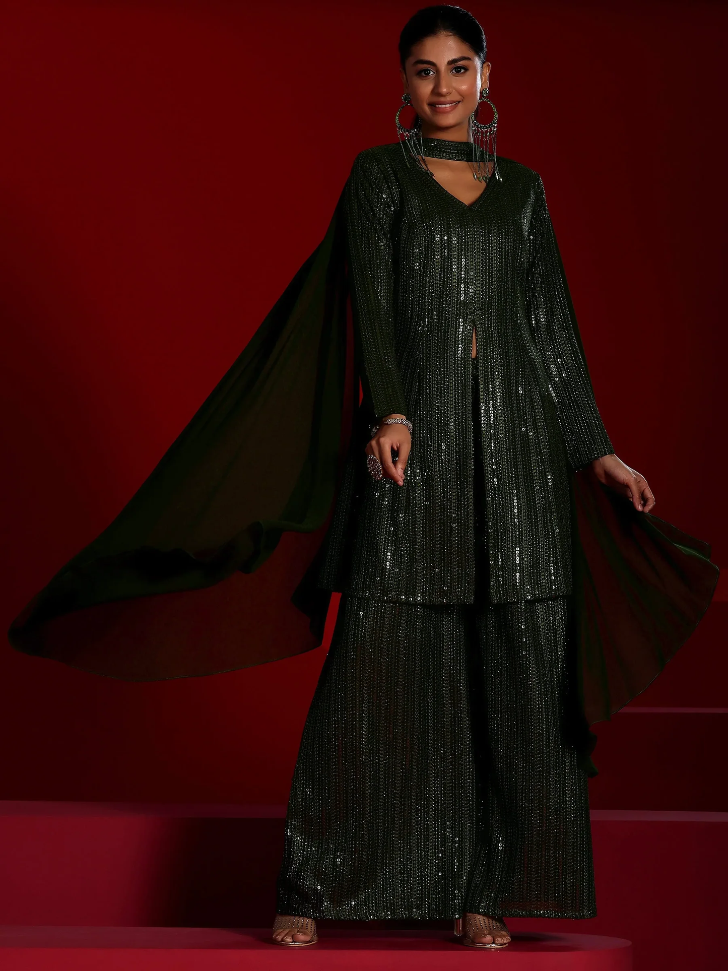 New Art Olive Embroidered Georgette A-Line Kurta With Palazzos & Dupatta