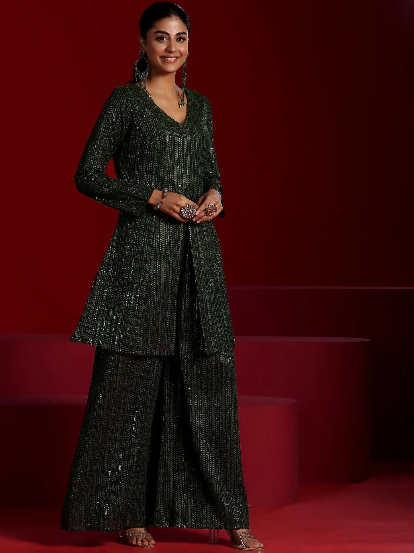 New Art Olive Embroidered Georgette A-Line Kurta With Palazzos & Dupatta