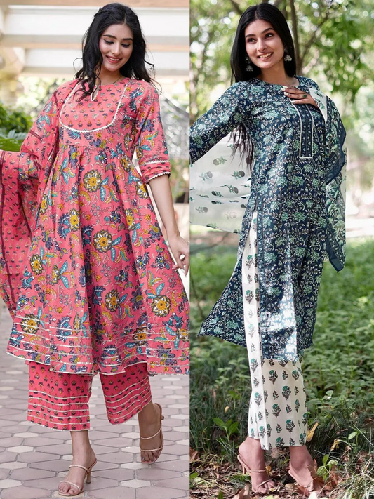 Printed Cotton Anarkali Kurta and Straight Kurta With Palazzos & Dupatta (PACK OF 2)