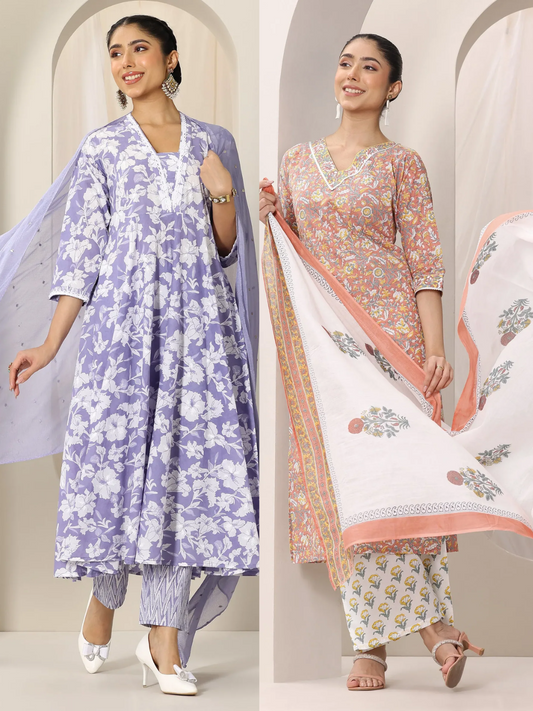Printed Cotton Anarkali Suit and Straight Suit (Pack Of 2)