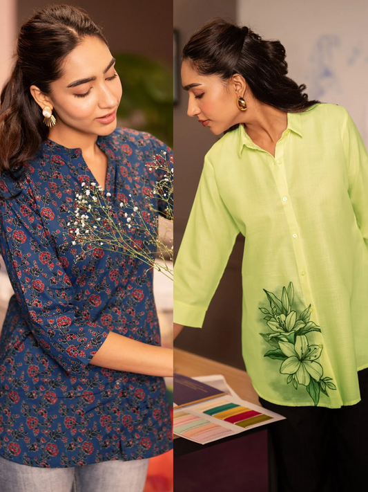 Printed Cotton Blend Straight Short Kurti (PACK OF 2)