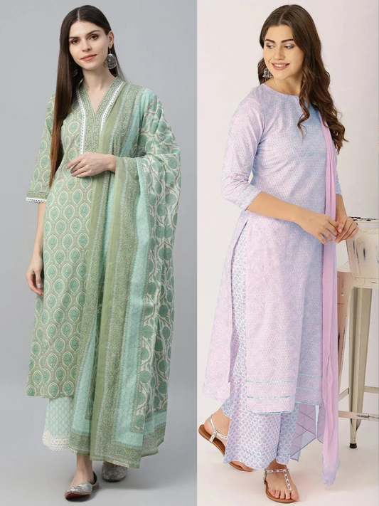 Printed Cotton Straight Kurta With Palazzos & Dupatta (PACK OF 2)