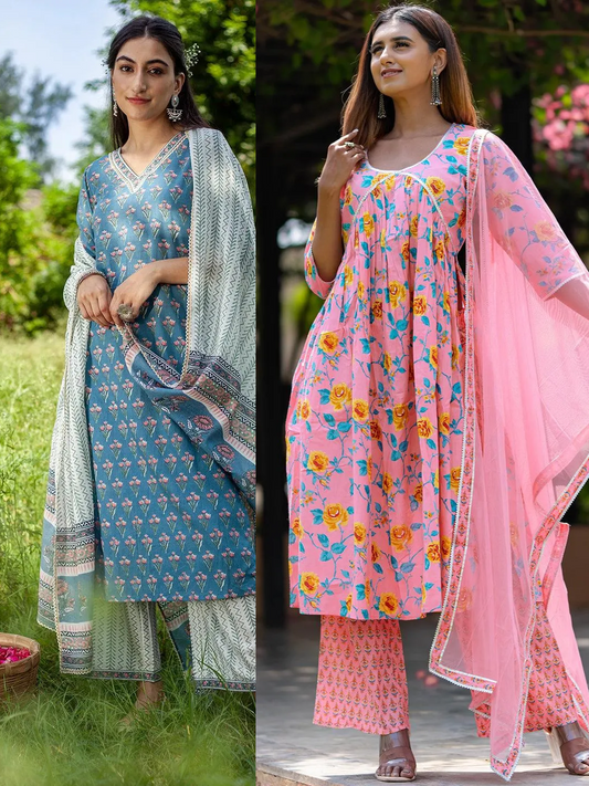 Printed Cotton Straight Kurta With Palazzos & Dupatta (PACK OF 2)